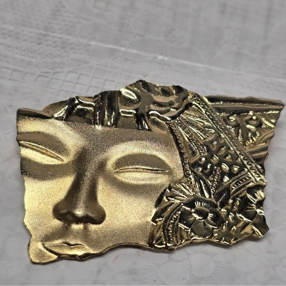 Vintage JJ JONETTE JEWELRY Asian Geisha Woman Face Gold Tone Brooch Art Nouveau